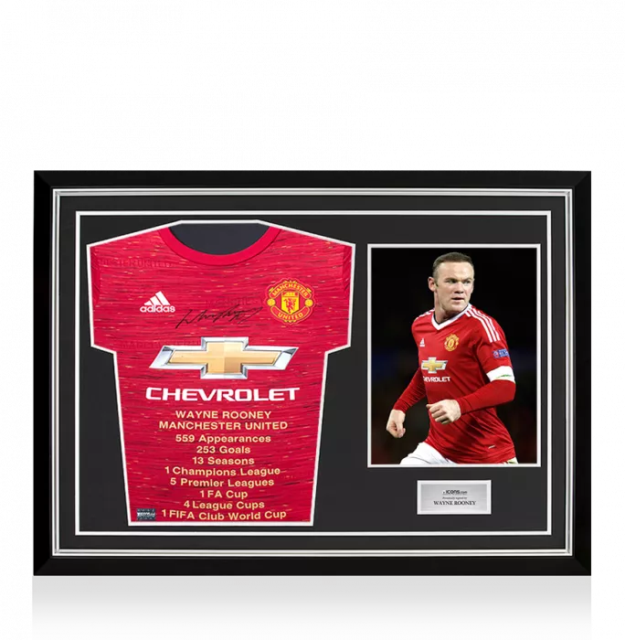 icons Wayne Rooney Front Signed Manchester United 2020-21 Home Shirt: Career Stats Edition In Hero Frame: Option 1