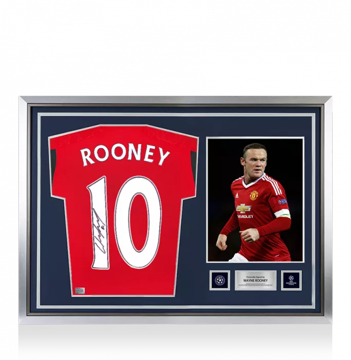 icons Wayne Rooney Official UEFA Champions League Back Signed and Hero Framed Manchester United 2023-24 Home Shirt with Fan Style Numbers