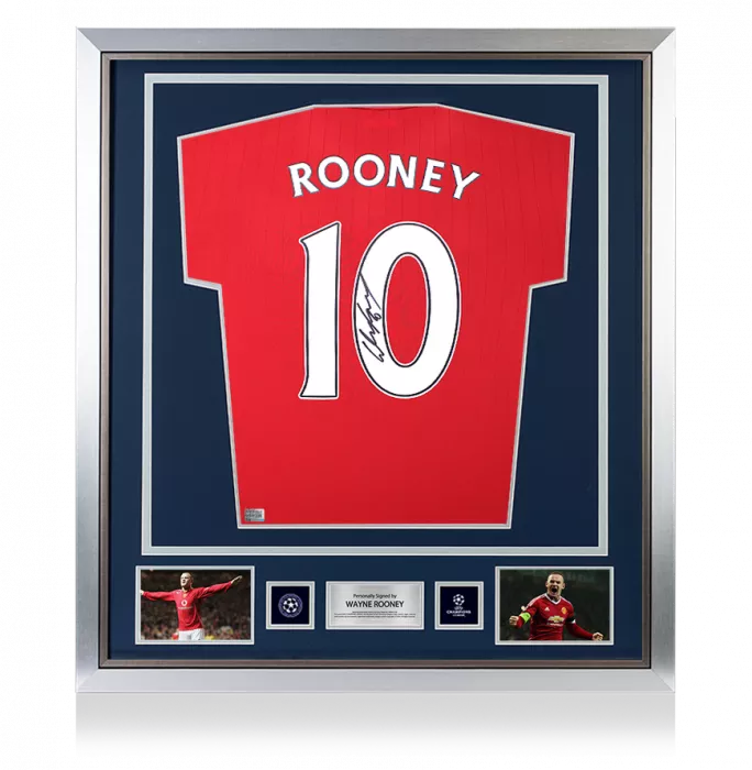icons Wayne Rooney Official UEFA Champions League Back Signed and Framed Manchester United 2022-23 Home Shirt with Fan Style Numbers