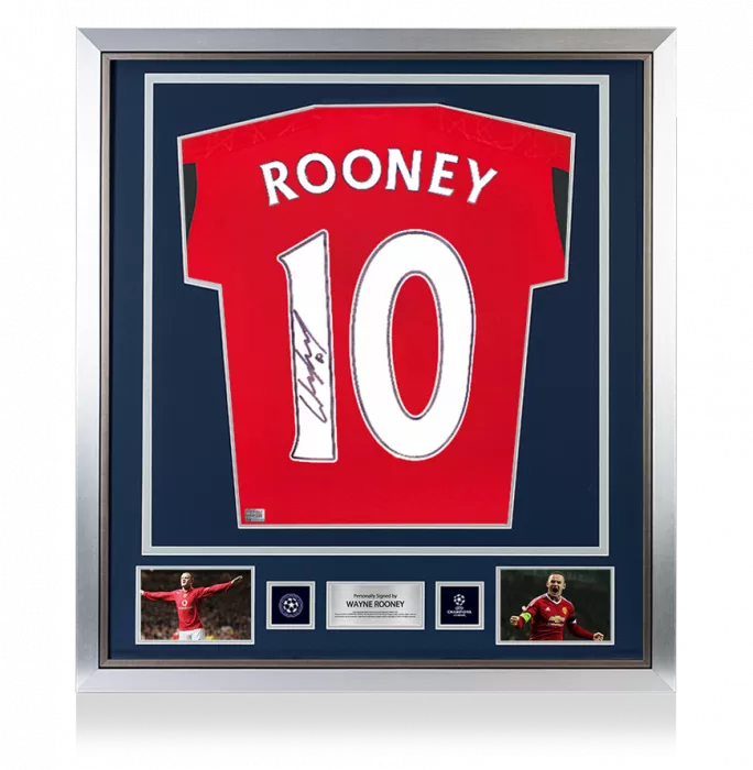icons Wayne Rooney Official UEFA Champions League Back Signed and Framed Manchester United 2023-24 Home Shirt with Fan Style Numbers
