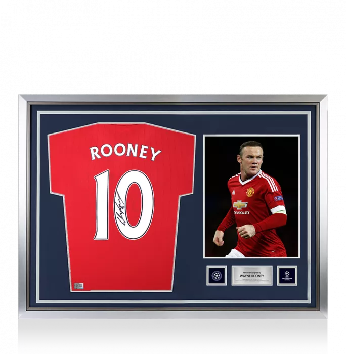 icons Wayne Rooney Official UEFA Champions League Back Signed and Hero Framed Manchester United 2022-23 Home Shirt with Fan Style Numbers