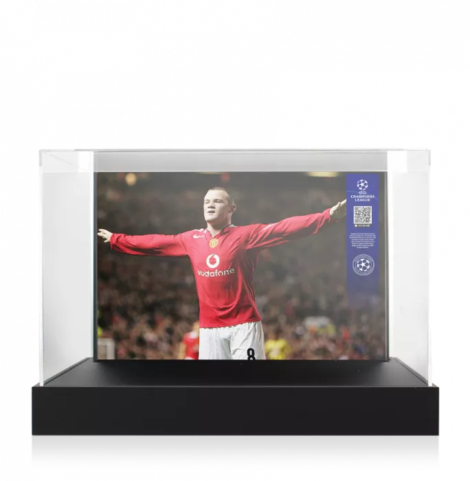Icons Wayne Rooney Official UEFA Champions League Signed White Nike Football Boot In Photo Acrylic Case: Option 1