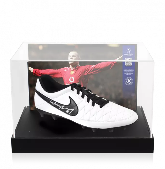 icons Wayne Rooney Official UEFA Champions League Signed White Nike Football Boot In Photo Acrylic Case: Option 1