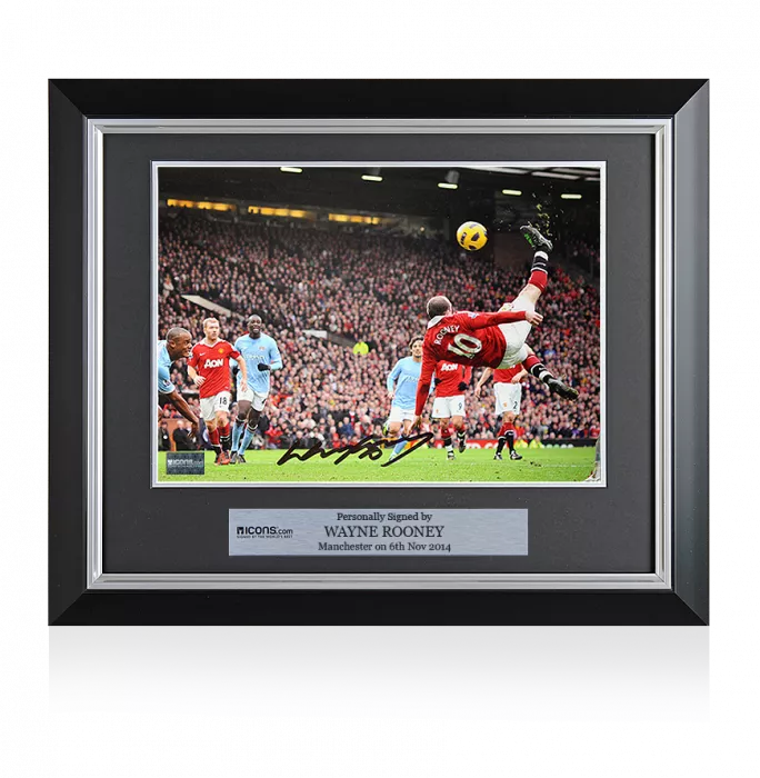 icons Wayne Rooney Signed and Framed Manchester United Photo: Overhead Kick vs Manchester City (16 x 12 inch)