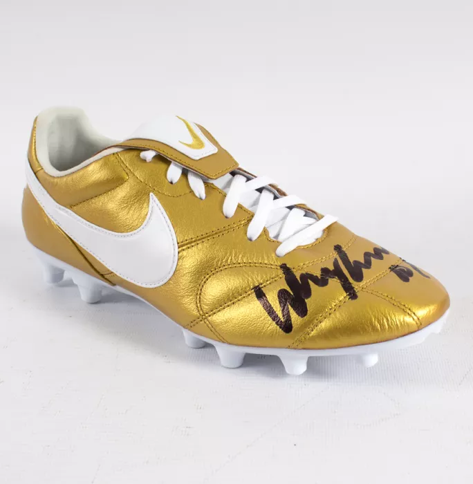 Icons Wayne Rooney Signed Gold Nike Tiempo Boot In Acrylic Case