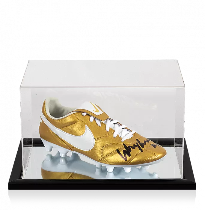 icons Wayne Rooney Signed Gold Nike Tiempo Boot In Acrylic Case