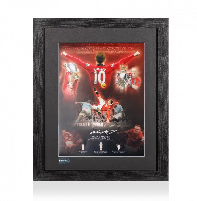 Icons Wayne Rooney Signed Manchester United Montage Stats Print In Black Wooden Frame