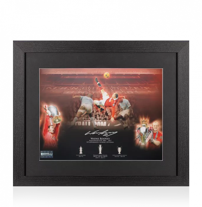 Icons Wayne Rooney Signed Manchester United Montage Stats Print In Black Wooden Frame