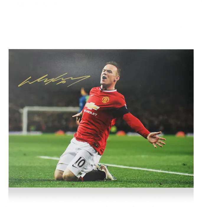 Icons Wayne Rooney Signed Manchester United Photo In Black Wooden Frame: Knee Slide Celebration