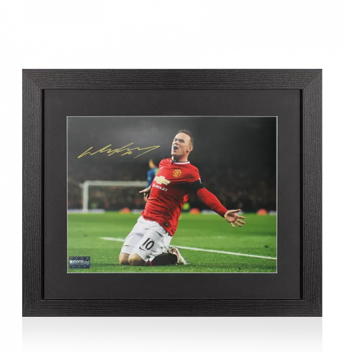 Icons Wayne Rooney Signed Manchester United Photo In Black Wooden Frame: Knee Slide Celebration
