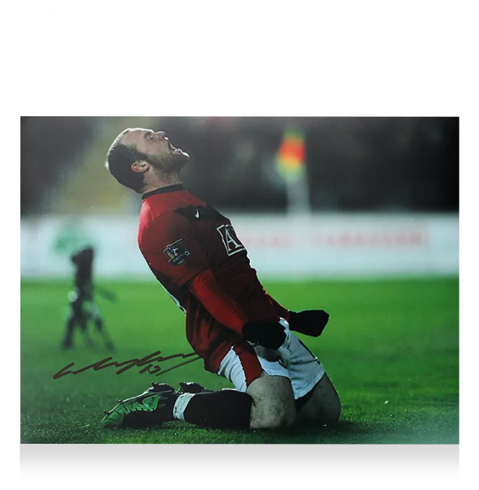 Icons Wayne Rooney Signed Manchester United Photo In Black Wooden Frame: Knee Slide Celebration