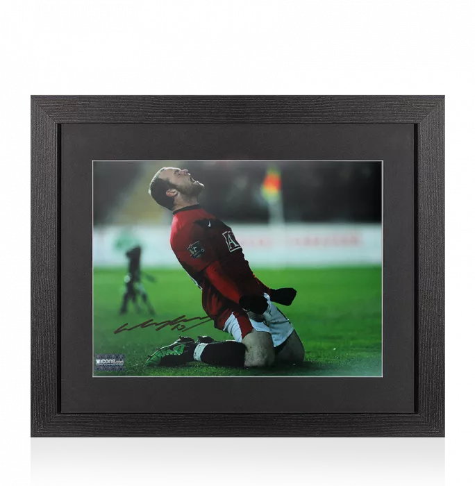 Icons Wayne Rooney Signed Manchester United Photo In Black Wooden Frame: Knee Slide Celebration