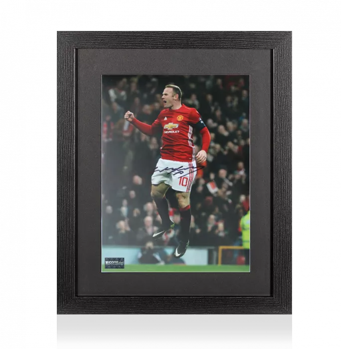 icons Wayne Rooney Signed Manchester United Photo In Black Wooden Frame: Jumping Celebration