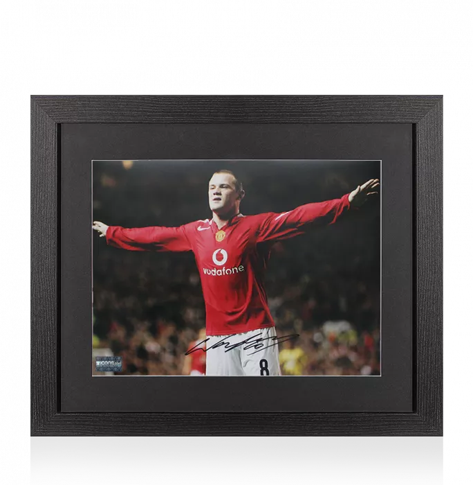 icons Wayne Rooney Signed Manchester United Photo In Black Wooden Frame: Arms Out Celebration