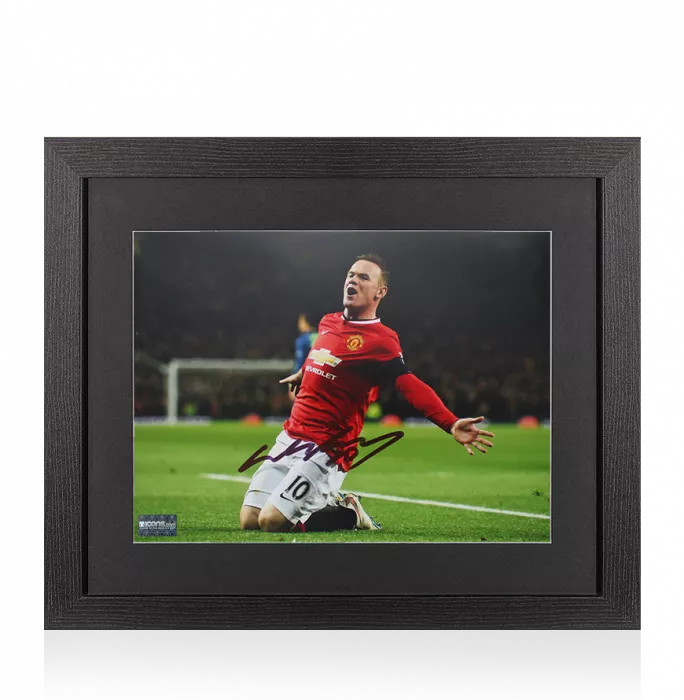 icons Wayne Rooney Signed Manchester United Photo In Black Wooden Frame: Knee Slide Celebration