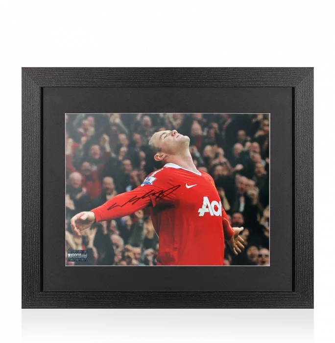 Icons Wayne Rooney Signed Manchester United Photo In Black Wooden Frame: Overhead Kick Goal Celebration