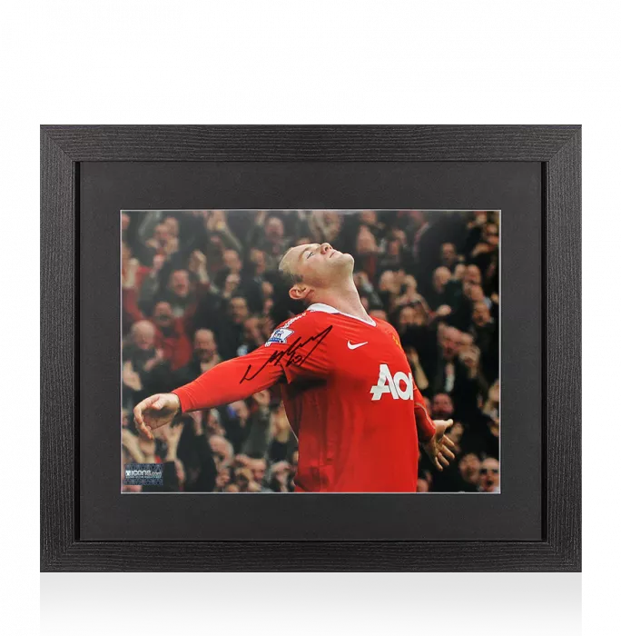 icons Wayne Rooney Signed Manchester United Photo In Black Wooden Frame: Over Head Kick Celebration