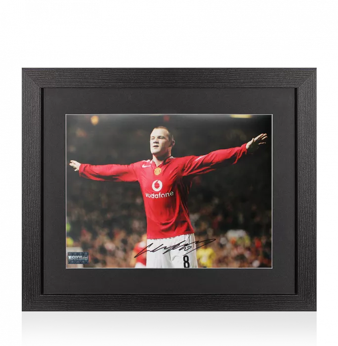 icons Wayne Rooney Signed Manchester United Photo In Black Wooden Frame: Arms Out Celebration