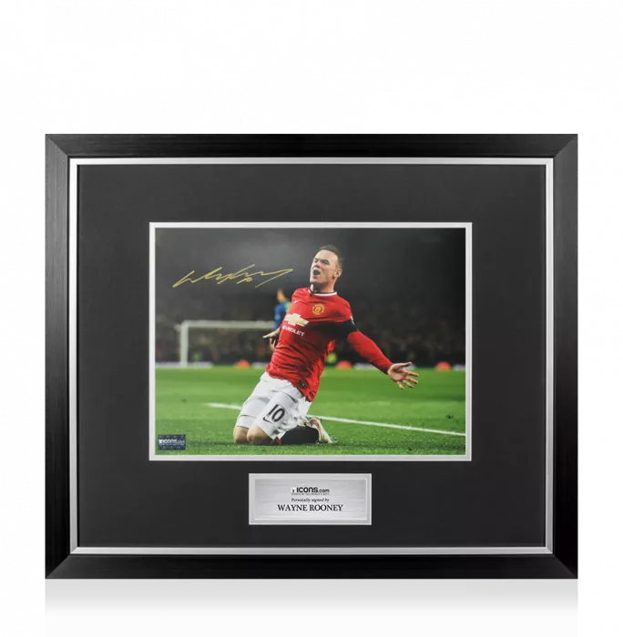 Icons Wayne Rooney Signed Manchester United Photo In Premium Photo Frame: Knee Slide Celebration