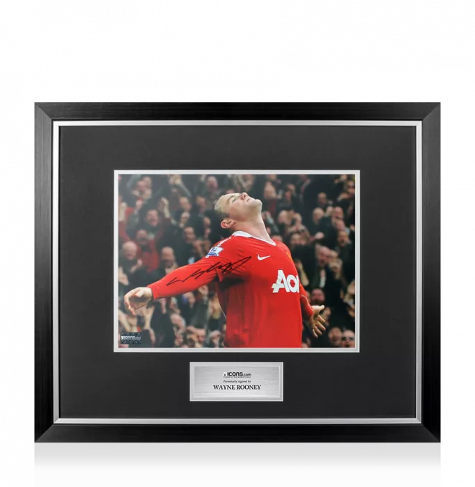 icons Wayne Rooney Signed Manchester United Photo In Premium Photo Frame: Overhead Kick Goal Celebration