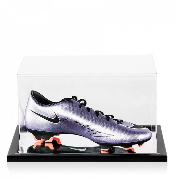 icons Wayne Rooney Signed Metallic Purple Nike Mercurial Boot In Acrylic Case