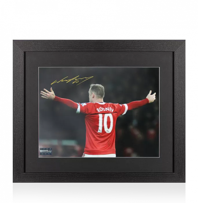 Icons Wayne Rooney Signed Photo In Black Wooden Frame: Arms Out Back Celebration - Signed In Gold