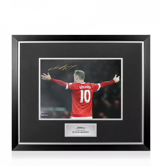 icons Wayne Rooney Signed Photo In Premium Photo Frame Arms Out Back Celebration - Signed In Gold