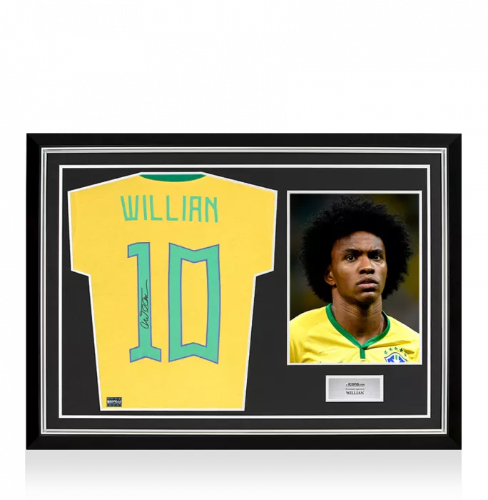 icons Willian Back Signed Brazil Retro Home Shirt In Hero Frame: Option 1
