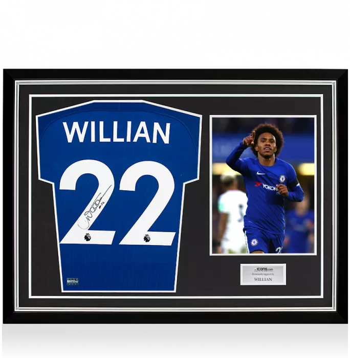Icons Willian Signed Chelsea 2017-18 Home Shirt In Hero Frame: Option 1