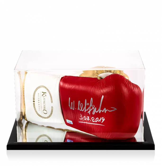 Icons Wladimir Klitschko Signed Red And Gold Boxing Glove In Acrylic Case