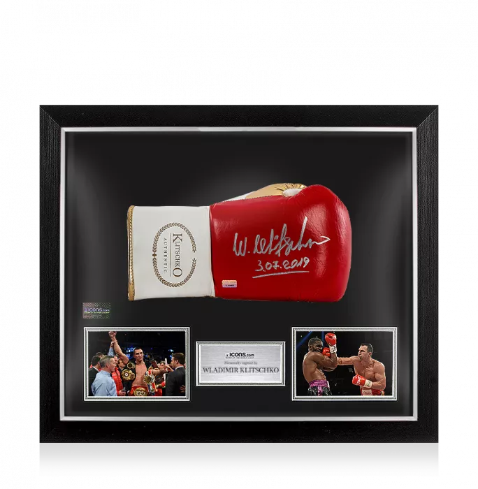 icons Wladimir Klitschko Signed Red and Gold Boxing Glove In Bubble Frame: Option 1