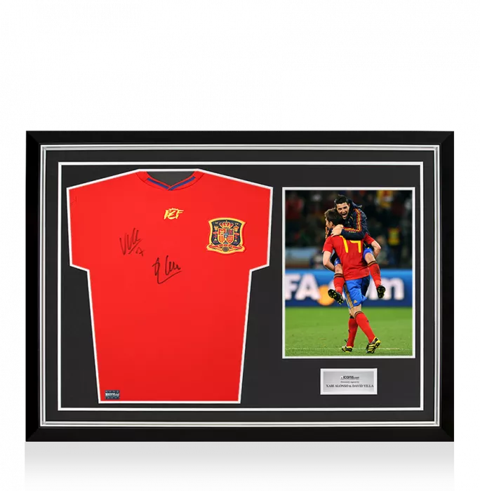 icons Xabi Alonso and David Villa Dual Signed Spain 2010 Home Shirt In Hero Frame: Option 1