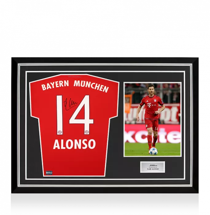 icons Xabi Alonso Back Signed FC Bayern Munich 2015-16 Home Shirt In Hero Frame: Option 1