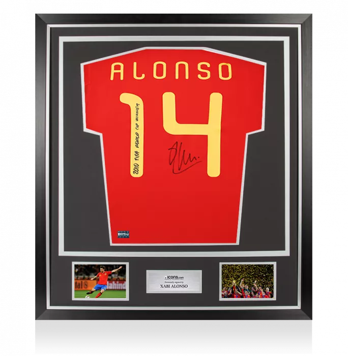 icons Xabi Alonso Back Signed Spain 2010 Home Shirt - "2010 FIFA World Cup Winner" Inscription In Classic Frame