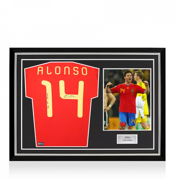 icons Xabi Alonso Back Signed Spain 2010 Home Shirt - "FIFA WC Winner" Inscription In Hero Frame: Option 1