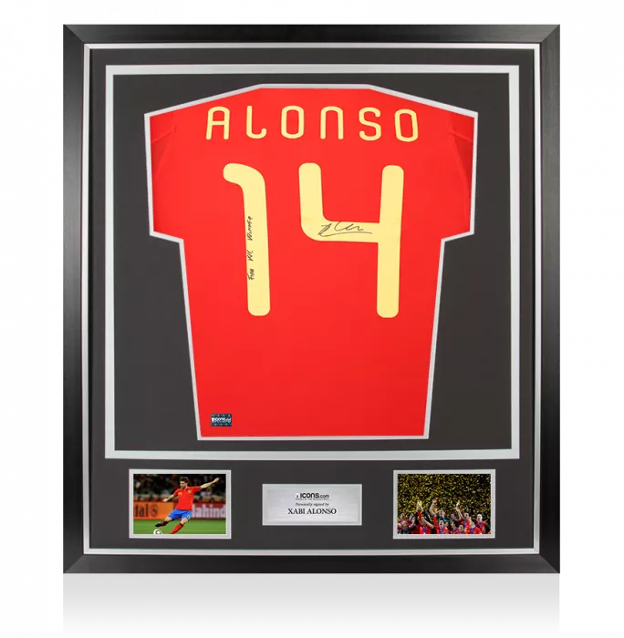 icons Xabi Alonso Back Signed Spain 2010 Home Shirt - "FIFA WC Winner" Inscription In Classic Frame