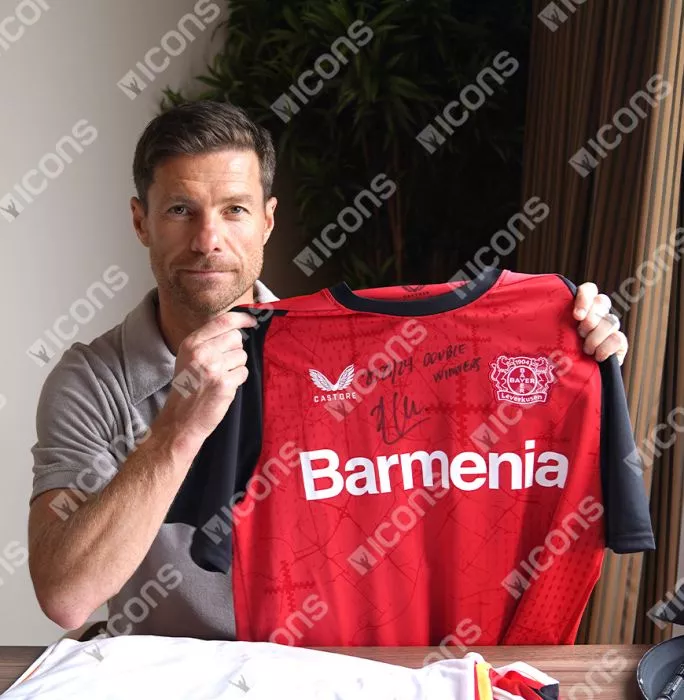 Icons Xabi Alonso Front Signed Bayer Leverkusen 2024-25 Home Shirt - "2023-24 Double Winners" Inscription In Hero Frame: Option 1
