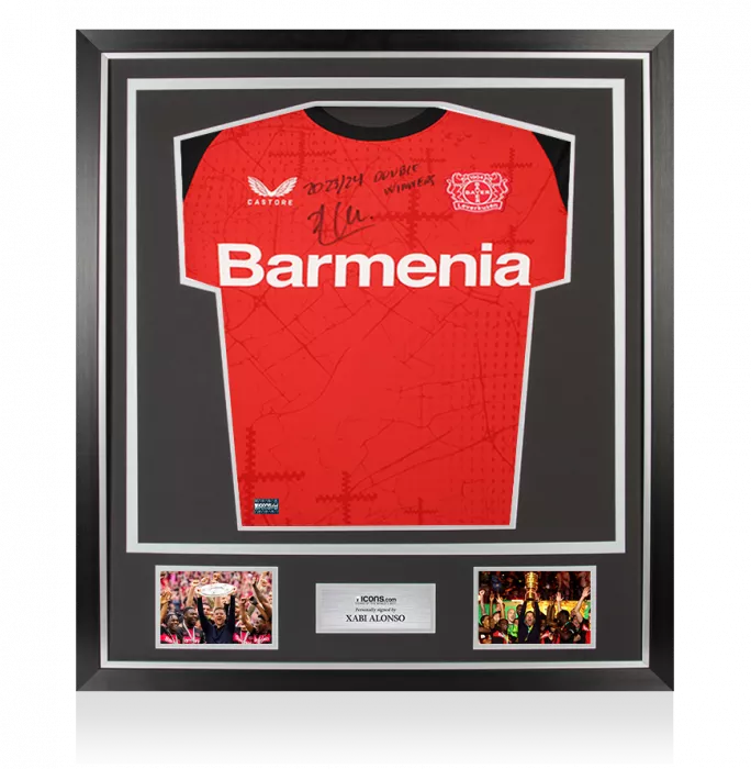 icons Xabi Alonso Front Signed Bayer Leverkusen 2024-25 Home Shirt - "2023-24 Double Winners" Inscription In Classic Frame