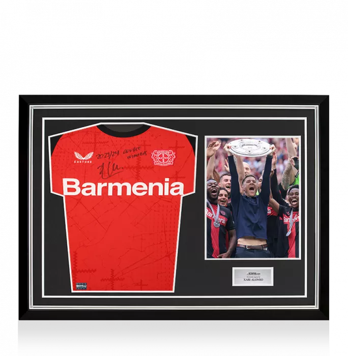 icons Xabi Alonso Front Signed Bayer Leverkusen 2024-25 Home Shirt - "2023-24 Double Winners" Inscription In Hero Frame: Option 1