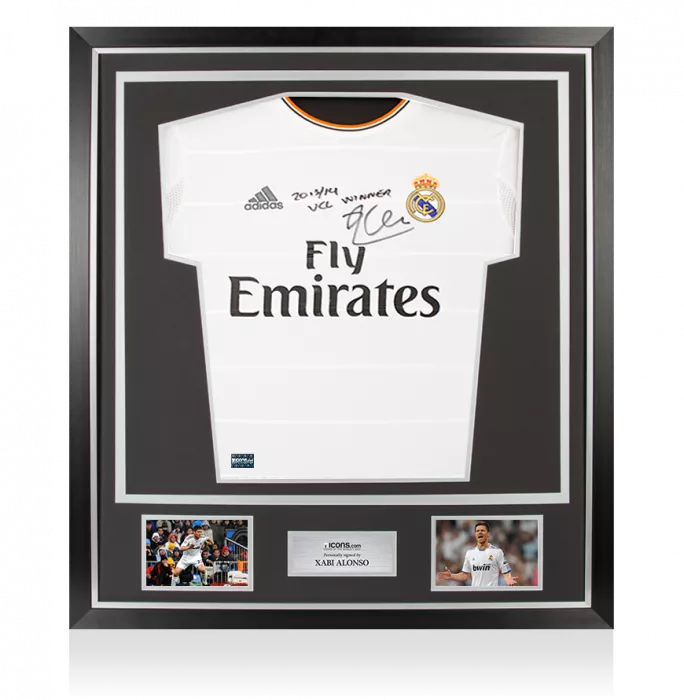 icons Xabi Alonso Front Signed Real Madrid 2013-14 Home Shirt - "2013-14 UCL Winner" Inscription In Classic Frame