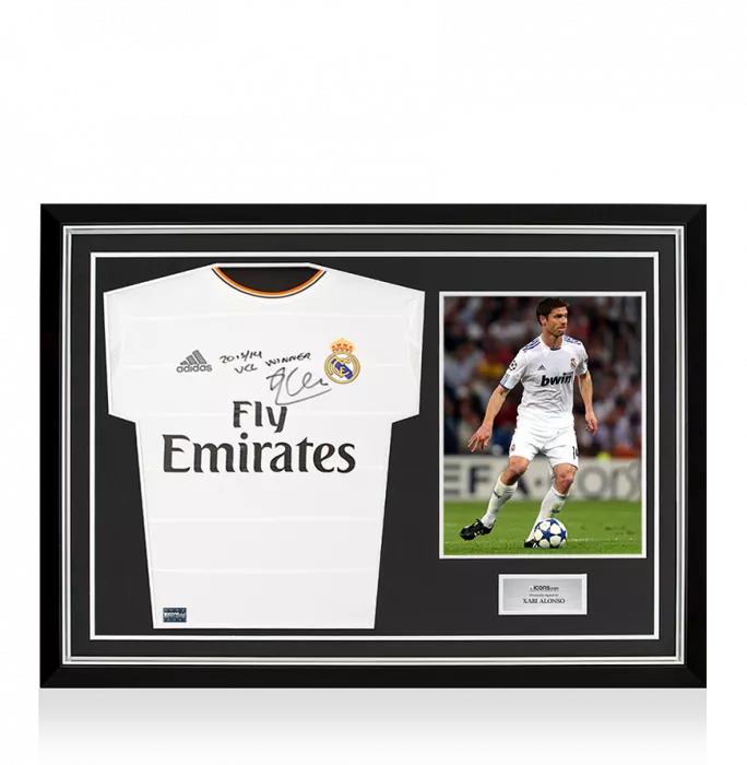 icons Xabi Alonso Front Signed Real Madrid 2013-14 Home Shirt - "2013-14 UCL Winner" Inscription In Hero Frame: Option 1
