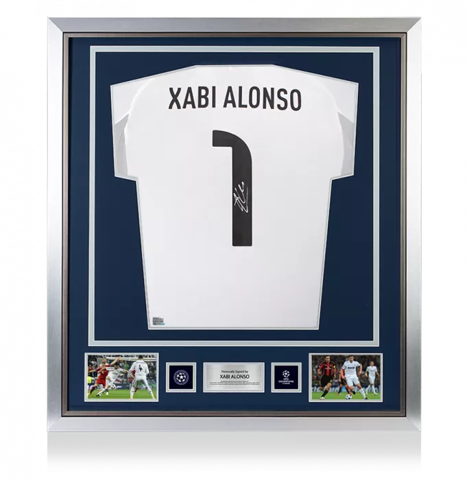 icons Xabi Alonso Official UEFA Champions League Back Signed and Framed Real Madrid 2025-26 Home Shirt with Fan Style Number