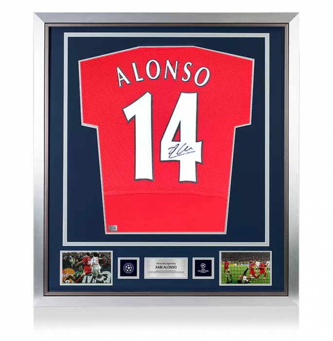 icons Xabi Alonso Official UEFA Champions League Back Signed and Framed Liverpool FC 2005 Home Shirt