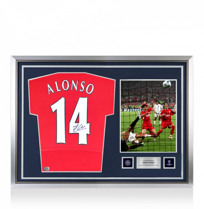 icons Xabi Alonso Official UEFA Champions League Back Signed and Hero Framed Liverpool FC 2005 Home Shirt