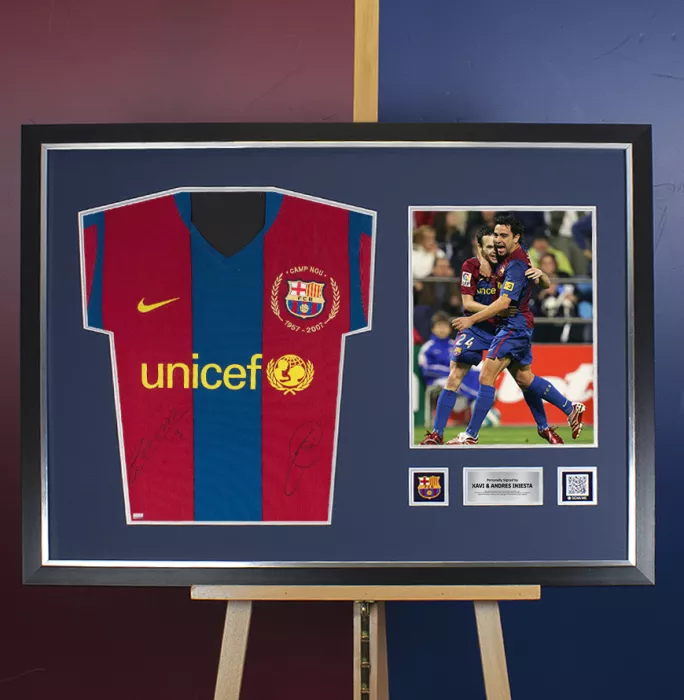 Icons Xavi & Andres Iniesta Official FC Barcelona Front Signed And Framed 2007-08 Home Shirt