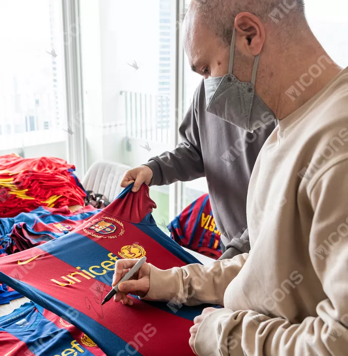 Icons Xavi & Andres Iniesta Official FC Barcelona Front Signed And Framed 2007-08 Home Shirt