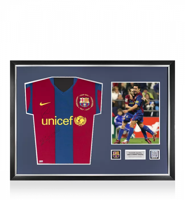 icons Xavi & Andres Iniesta Official FC Barcelona Front Signed and Framed 2007-08 Home Shirt