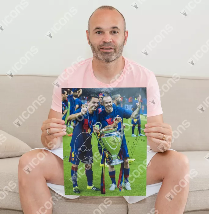 Icons Xavi & Andres Iniesta Official FC Barcelona Signed And Framed Photo: Four-Time UCL Winners
