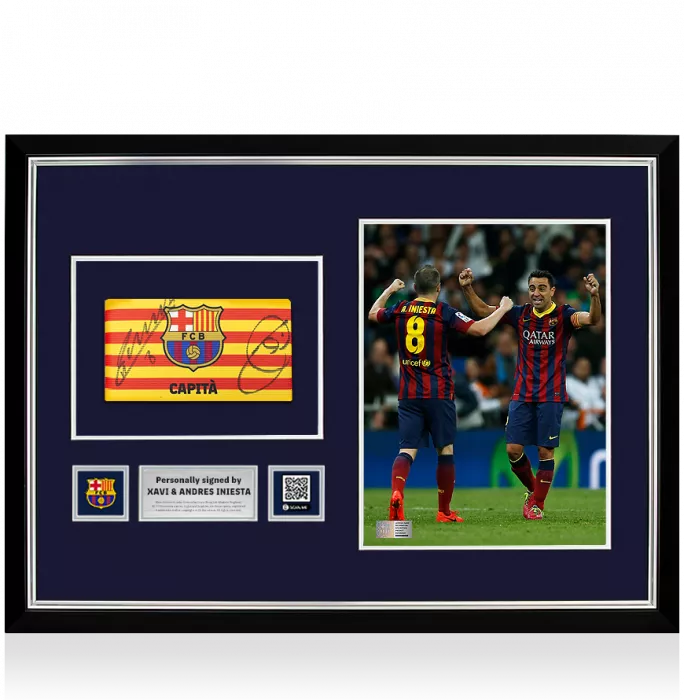 icons Xavi & Andres Iniesta Official FC Barcelona Signed and Framed Branded Captain's Armband