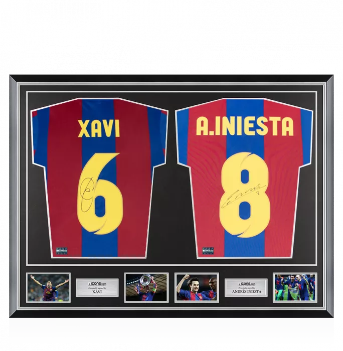 icons Xavi & Andres Iniesta Signed FC Barcelona Retro Shirts In Classic Dual Frame